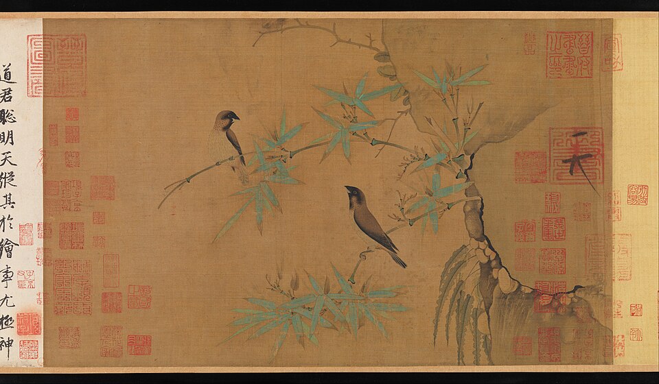 Finches and Bamboo (handscroll) by Emperor Huizong of Song, early 1100s